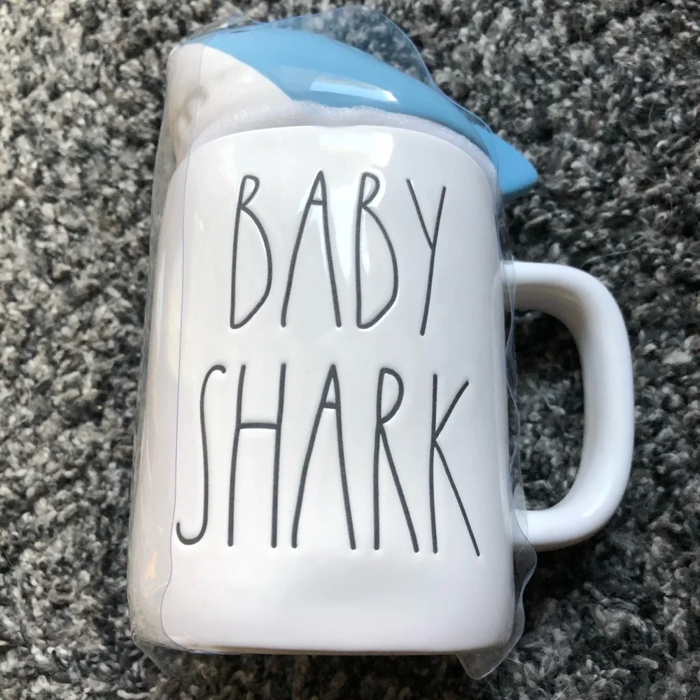 Rae Dunn White Mug with Blue Shark Lid 